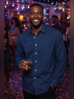 Men's Navy Micro-Print Long-Sleeve Button-Down Shirt
